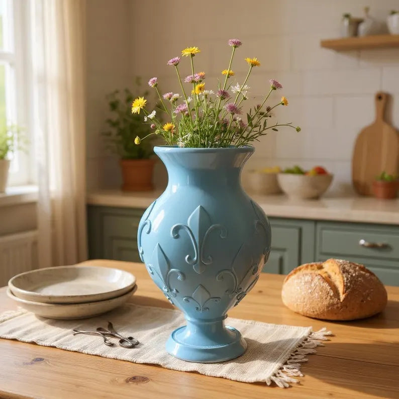 French Silver Decorative Vase | Modern Fleur-de-Lis Design | Custom Home Decor Statement Piece