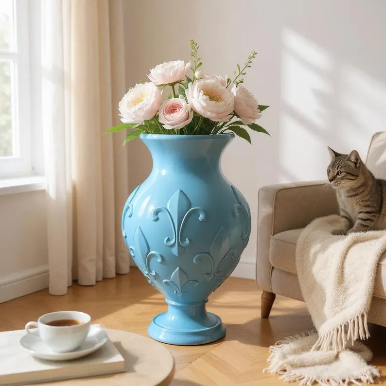 French Silver Decorative Vase | Modern Fleur-de-Lis Design | Custom Home Decor Statement Piece